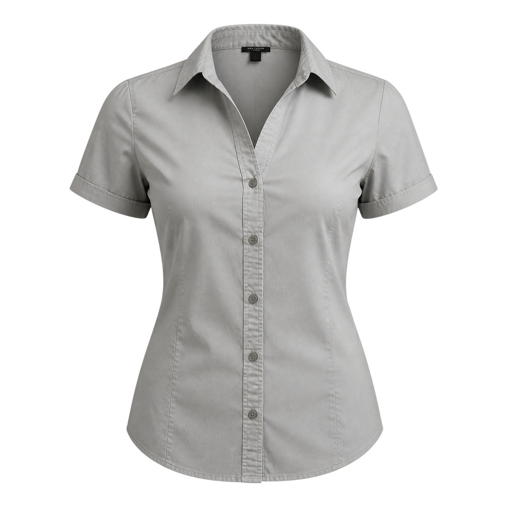 Ann Taylor Petite Womens 8P Gray Short Sleeve Button Down Ruched Cuff Shirt